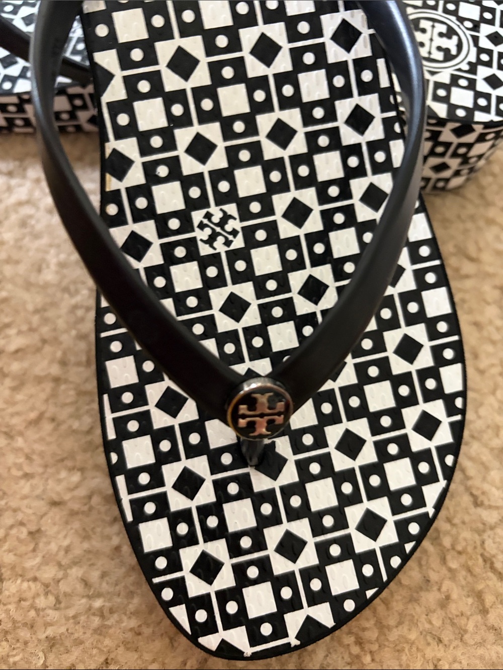 Tory Burch Black & White Geometric Logo Flip Flops